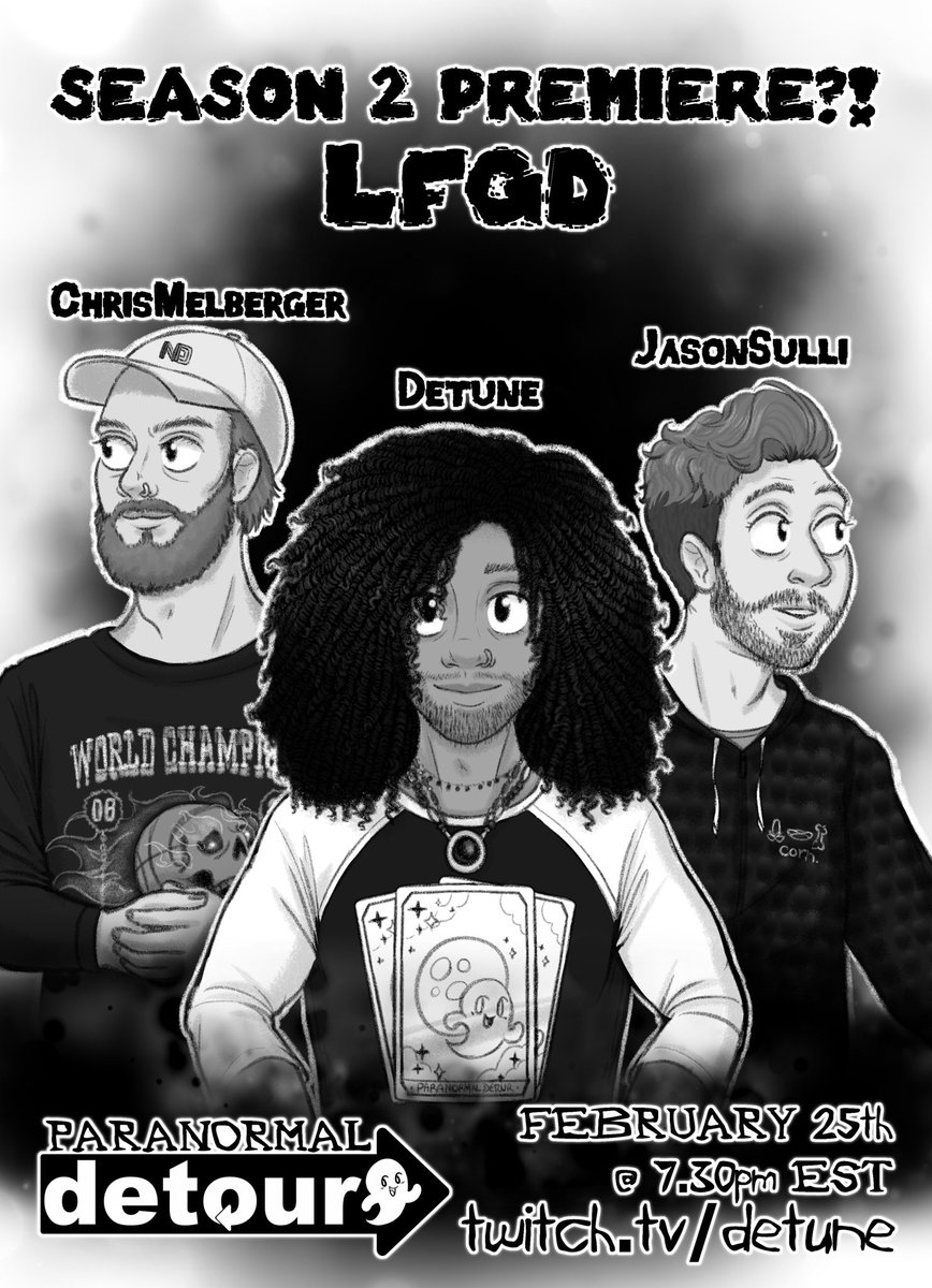 xdetune's tweet photo. EXCITED TO ANNOUNCE THE GUESTS FOR THE PARANORMAL DETOUR SEASON 2 PREMIERE.

IM GONNA BE LOCKED INSIDE A NOTORIOUSLY HAUNTED LOCATION LIVE ON STREAM WITH THE WONDERFUL 

CHRISMELBERGER 

&amp;

JASONSULLI

SEASON 2 PREMIERE. FEB 25th. 730PM EST. https://t.co/PVaxumAzKB