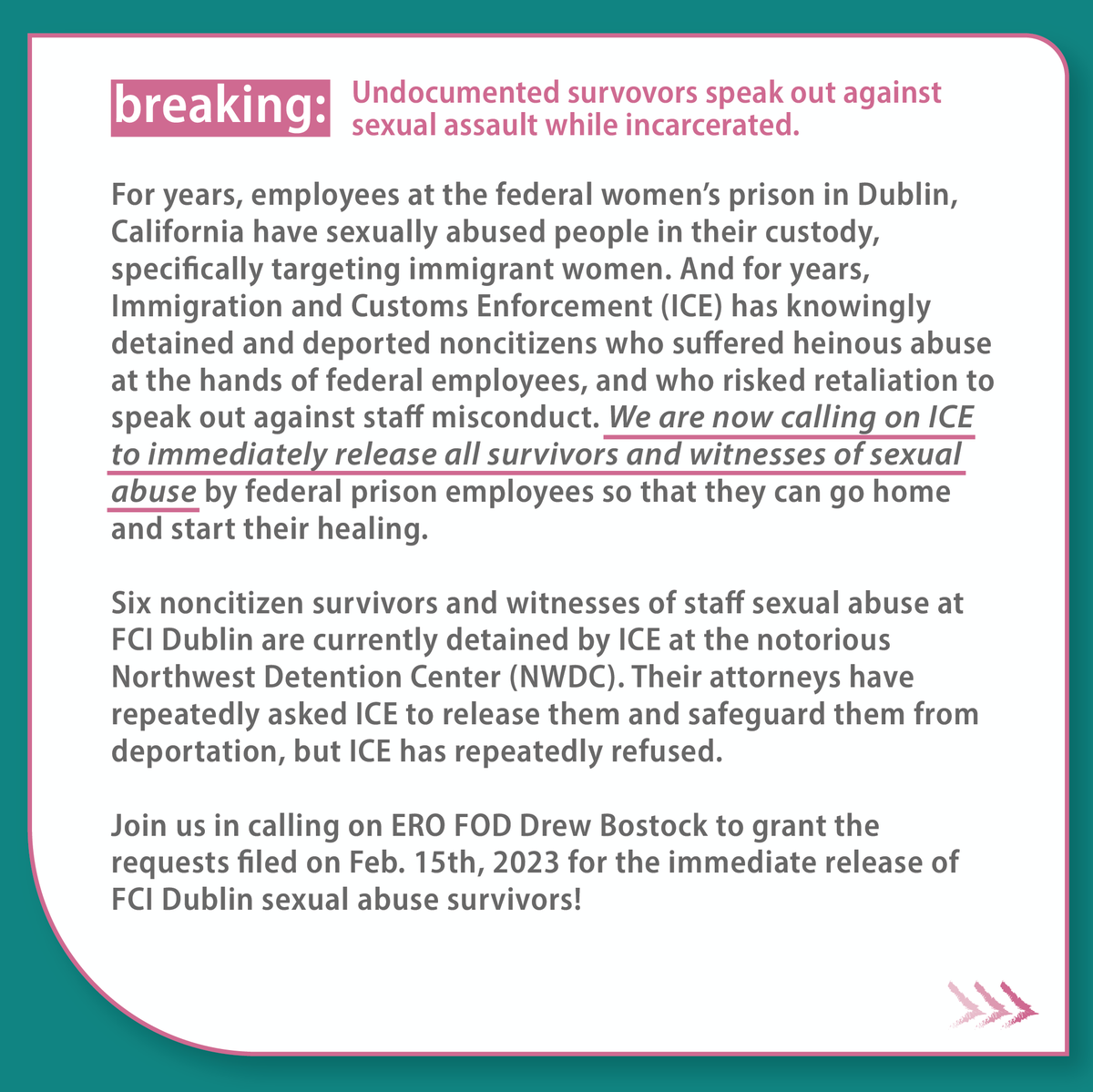 lizzieadavis's tweet photo. Prison staff targeted & abused immigrant women. Now survivors are in immigration custody without resources to heal from the trauma suffered in @OfficialFBOP custody. We call on @ICEgov to release them NOW #BelieveSurvivors #HealingWithCommunity #CommunityNotCages #ShutDownNWDC https://t.co/uU7W9FA1jp