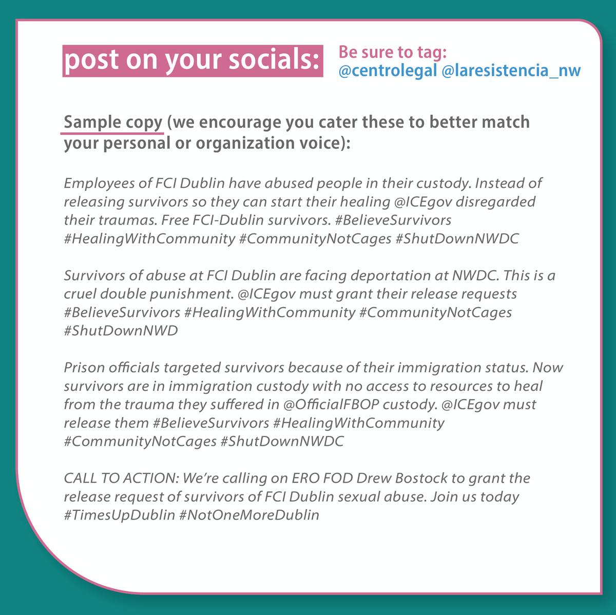 Prison staff targeted &amp; abused immigrant women. Now survivors are in immigration custody without resources to heal from the trauma suffered in <a href="/OfficialFBOP/">Federal Bureau of Prisons</a> custody. We call on <a href="/ICEgov/">U.S. Immigration and Customs Enforcement</a> to release them NOW #BelieveSurvivors #HealingWithCommunity #CommunityNotCages #ShutDownNWDC