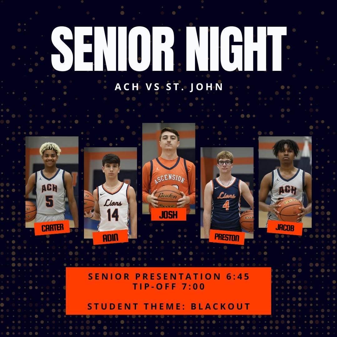 achathletics's tweet photo. Basketball senior night is tomorrow! Come support our 5 seniors as we take on St. John Plaquemine in the regular season finale! 

There will be a special giveaway for all students in attendance so don’t miss it! 

#FindAWay #WhyNotACH https://t.co/m2cXDXEsv7