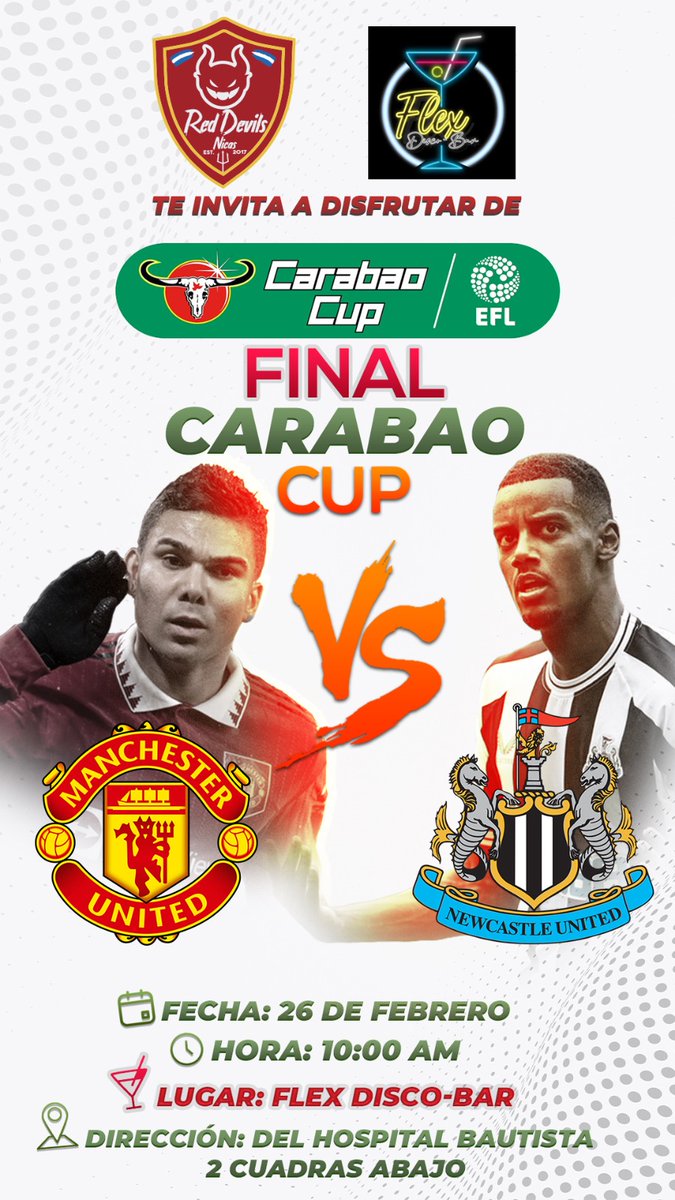 RedDevilsNicas's tweet photo. Si eres de Nicaragua 🇳🇮 y aún no perteneces a los Red Devils Nicas, te invitamos que compartas con nosotros en la final de Carabao Cup 🏆.

Ese día a parte de ver la final de Copa, estaremos rifando una camiseta del club, termos y otros souvenirs.

No te lo pierdas.

#RDN👹 https://t.co/pz3sPUnCqk