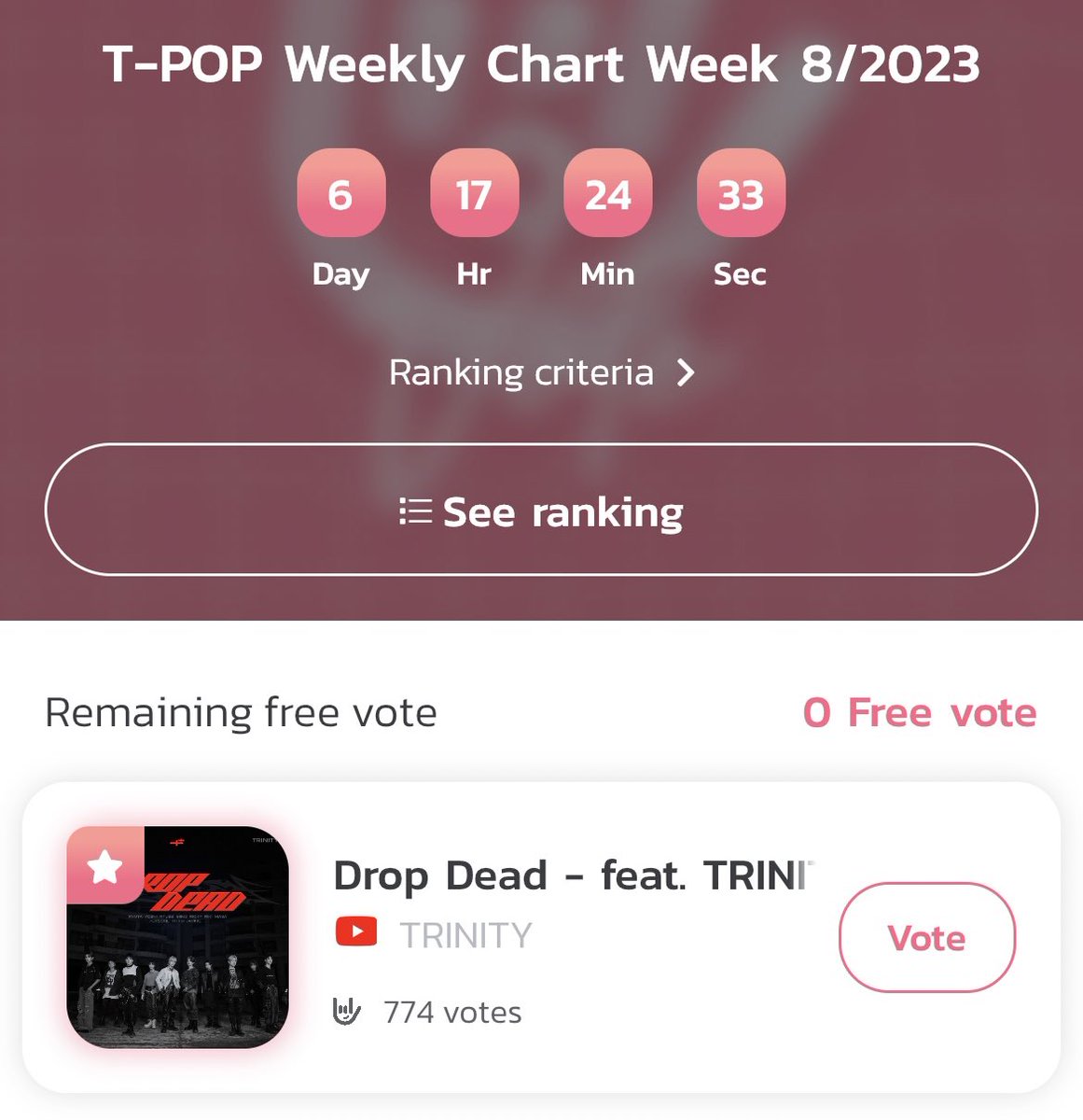 0210__11's tweet photo. 日本からもできるDrop Deadの応援🇹🇭

タイのT-POPというアプリでmusic of the weekにランクインしているそうです！

受賞基準は
・Appで投票(20%)
・Spotifyスミン(30%)
・MV再生(50%)

Spotifyは国の設定が分からないのでMVとApp投票で応援できます🫡 方法は下に繋げるので興味のある方はぜひ🔥 https://t.co/CAdrDATgKe