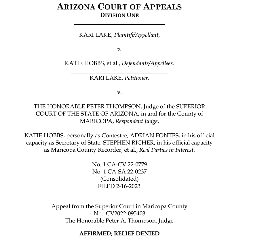JUST IN: AZ Court of Appeals has rejected @KariLake appeal and affirmed @katiehobbs election as governor.

Ruling here: azcourts.gov/Portals/0/Opin…