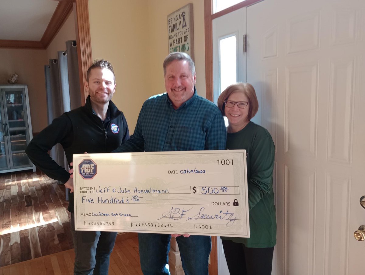 ABFSecurity's tweet photo. Congratulations Jeff and Julie, the winner of the $500 ABF bucks in our ‘Go Green Get Green’ drawing! They were a pleasure to meet and look proud holding their celebration check! They have been a part of the ABF family for 12 years and counting! 
Thanks to everyone who signed up https://t.co/VkDXVy65NN