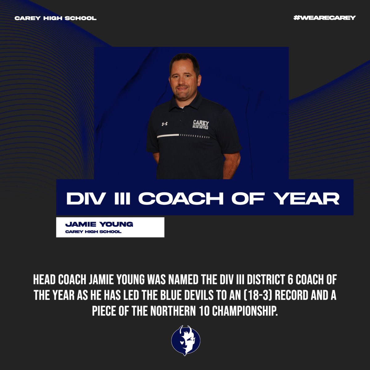Congrats Coach Young!
Coach Young has led the Blue Devils to an (18-3) record and (12-1) mark in the Northern 10 for 1st piece of a N10 title in school history.
Young who is 2nd all time in wins at CHS with a 127-63 record has also posted a conference mark of 83-36 in his career!