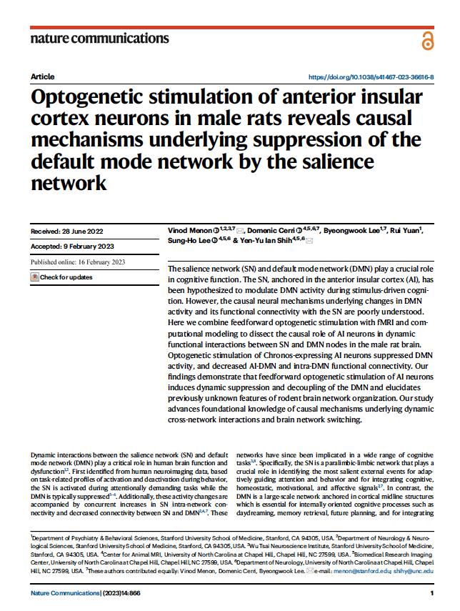 Ian Shih (@shihyyi) on Twitter photo Out today <a href="/NatureComms/">Nature Communications</a>! Very excited to share another paper with those who are interested in insular and DMN. Here we manipulated anterior insula with optogenetics and monitor downstream activity changes using fMRI. Digest from the lab will follow. nature.com/articles/s4146… Out today <a href="/NatureComms/">Nature Communications</a>! Very excited to share another paper with those who are interested in insular and DMN. Here we manipulated anterior insula with optogenetics and monitor downstream activity changes using fMRI. Digest from the lab will follow. nature.com/articles/s4146…