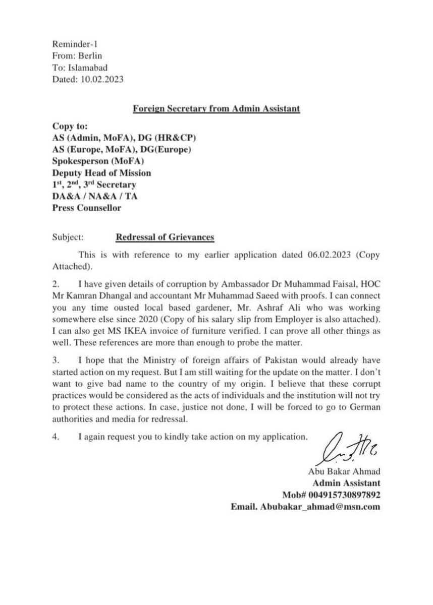 eboobakar's tweet photo. Ambassador of Pakistan to Germany @DrMFaisal is embezzling funds at @PakinGermany_. Proofs
speak volumes. Hope justice be served.

@TalatHussain12 @shazbkhanzdaGEO @Kashifabbasiary @meherbokhari @asmashirazi @AnsarAAbbasi  @ZahidGishkori @ZarrarKhuhro @abbasnasir59 https://t.co/D4GQiYMMC0