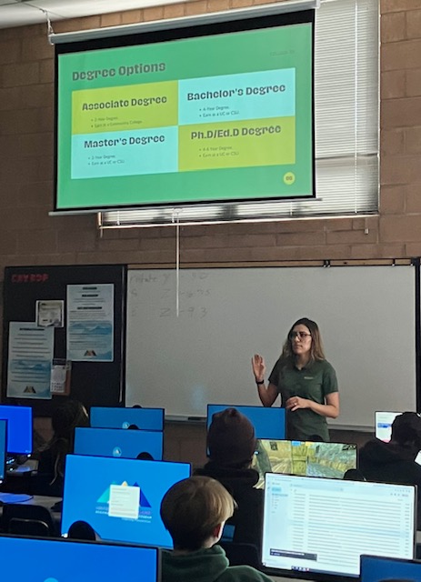 CRYROP's tweet photo. Evelyn, CRY-ROP's new Sr Student Services Tech from Crafton Hills College, presents the benefits of attending college and career options to REVHS's Art of Animation students. #REVHS #CraftonHillsCollege #StrongWorkforce #Proud2bROP #CTEMonth https://t.co/PsOjNW7fUs
