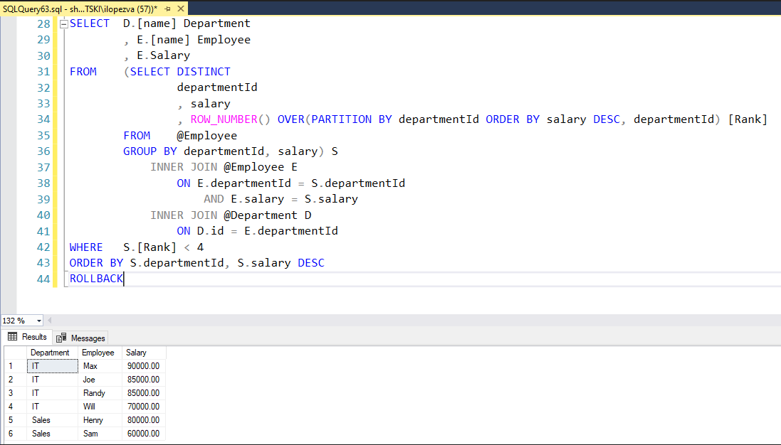 Israel_SLV's tweet photo. @powerhdeleon Hola Héctor, esta es mi versión para SQL Server. Podría haber simplificado un poco los joins, pero creo que así vale también 😄

Se podría conseguir también usando CTE recursivo..? 🤔 https://t.co/HYUykvQXmR