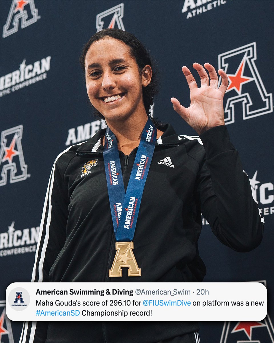 FIUAthletics's tweet photo. Things @FIUSwimDive did yesterday at the AAC Championships:

Swept all three events ✅
Earned 9️⃣ gold medals 🥇
Broke a meet diving record 🔥 https://t.co/535EukmpXl