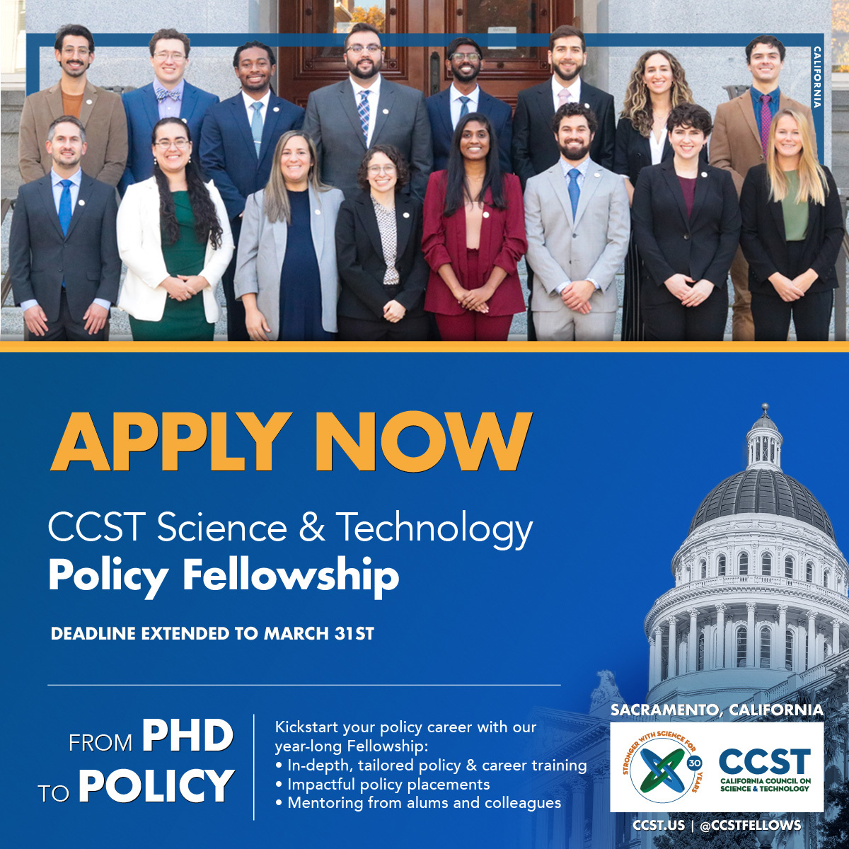 Deadline Extended: Seeking applications for #PhD scientists, engineers, &amp; social scientists to make an impact on CA policy.

Due *March 31.* CCST will be at <a href="/AAASmeetings/">AAAS Annual Meeting</a> in March. Find us to chat about the Fellowship!

Learn More:
ccst.us/applications-n…

#SciPol #AAASmtg #CAleg