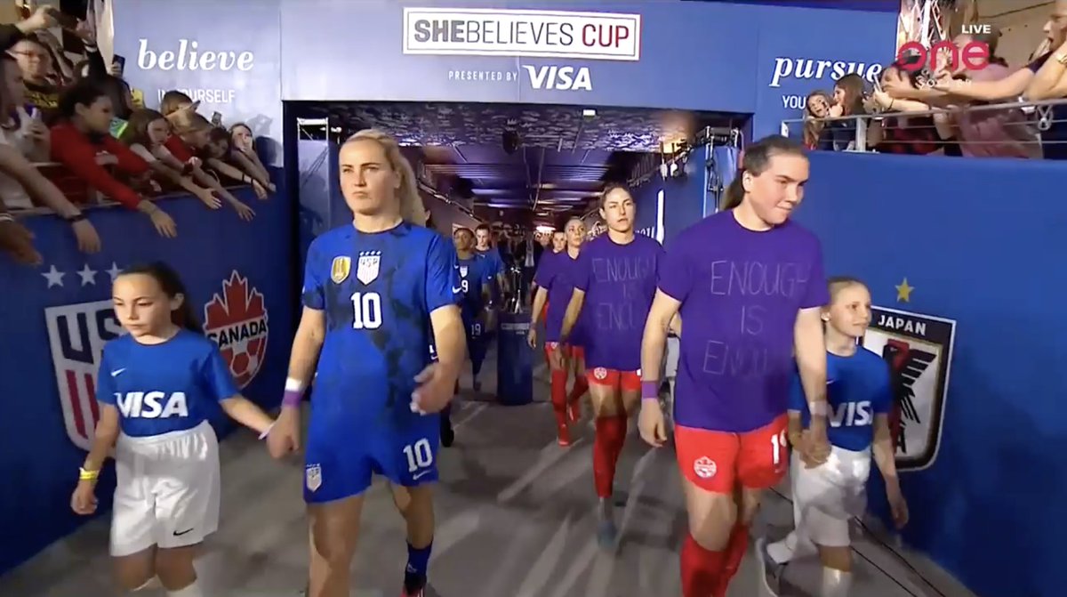 The #CanWNT take the field wearing purple shirts with "Enough is Enough" written across the front. 

#SheBelievesCup 

📸: <a href="/onesoccer/">OneSoccer</a>