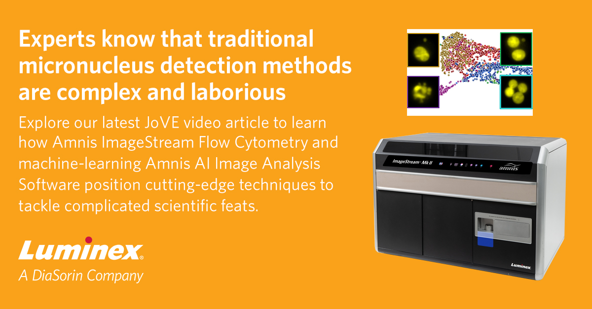 Luminex's tweet image. Check out our latest @JoVE video article to see how Amnis #ImageStream Flow Cytometry &amp;amp; Amnis #AI Image Analysis Software help scientists transform their micronucleus detection workflows with intuitive, innovative, time-saving #tech: 

hubs.li/Q01CGQvF0

#biotech #scicomm