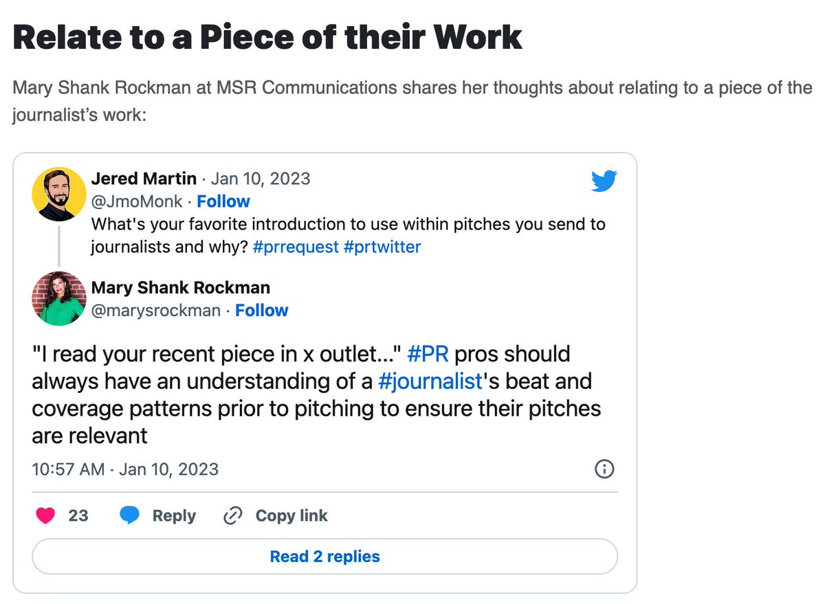MSR_PR's tweet photo. In this roundup by @onepitchsaas our agency principal @marysrockman shared her favorite way to personalize pitches is by relating to their work https://t.co/HhN6eT0gEC
#PRprofessionals #PublicRelations #PRTactics https://t.co/Py55GQy4V9