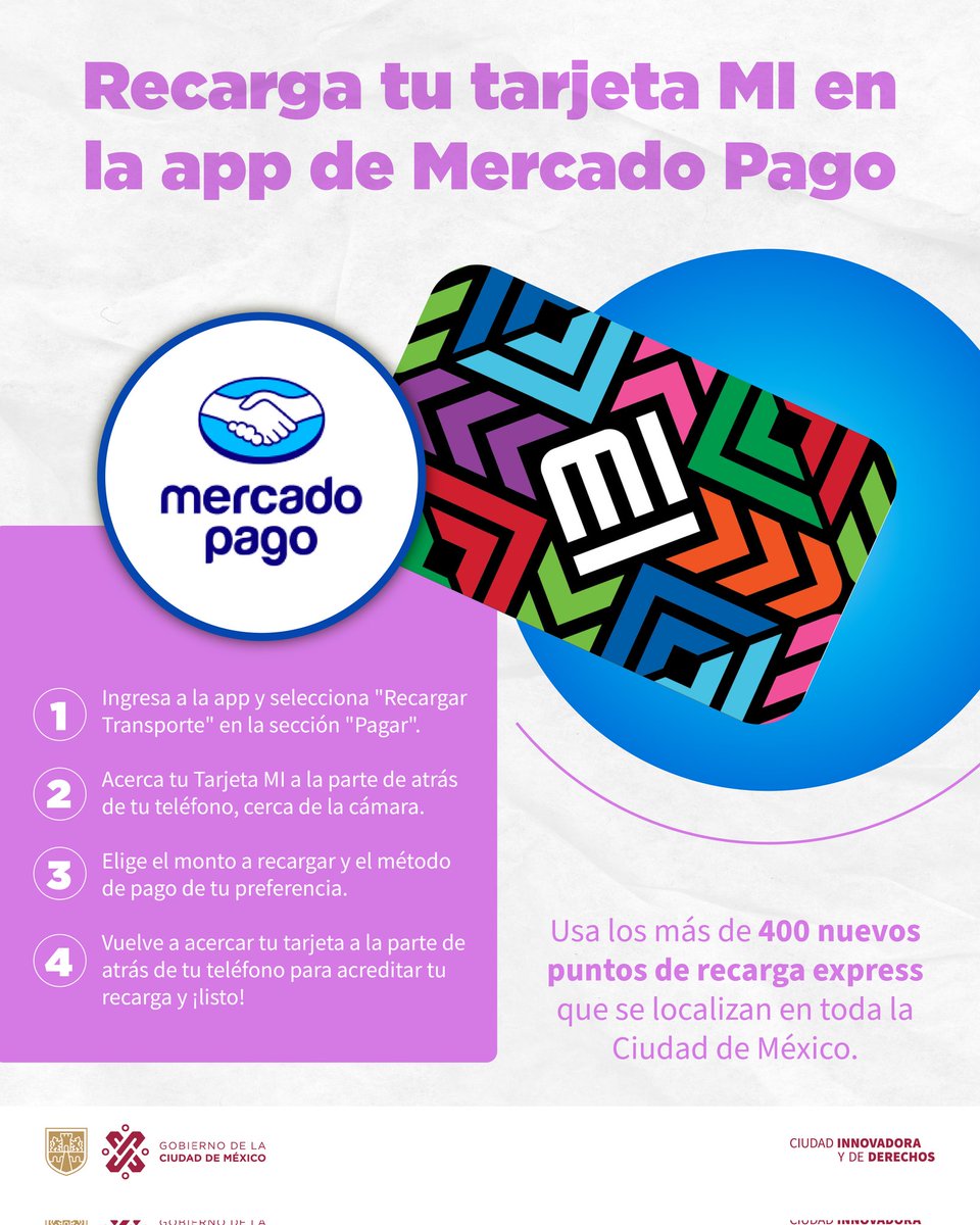 ¡Ahora puedes usar la App de Mercado Pago para recargar tu Tarjeta de Movilidad Integrada! 🤩

Con ella, puedes usar todos los medios de transporte de la Ciudad de México, como: Metro, Metrobús, Trolebús, RTP, Tren ligero, Cablebús y Ecobici. 🚇🚎🚌🚊

#CiudadInnovadora