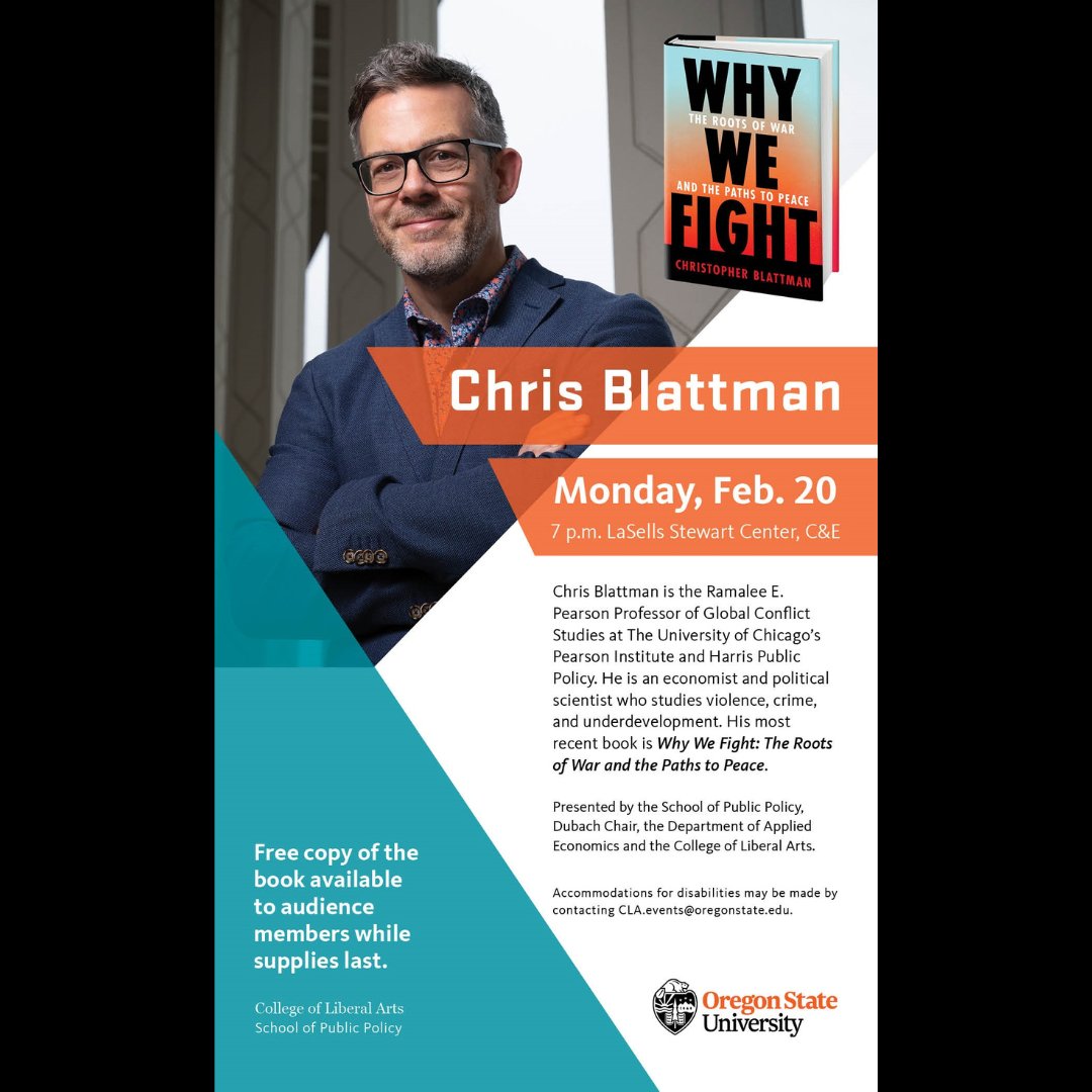 OSUAppliedEcon's tweet photo. Applied Economics is co-sponsoring (with the School of Public Policy) a seminar next Monday (2/20) at 7 pm in the LaSells Stewart Center. Professor Chris Blattman will present "Why We Fight: The Roots of War and the Paths to Peace." https://t.co/qxkEYCbpOF