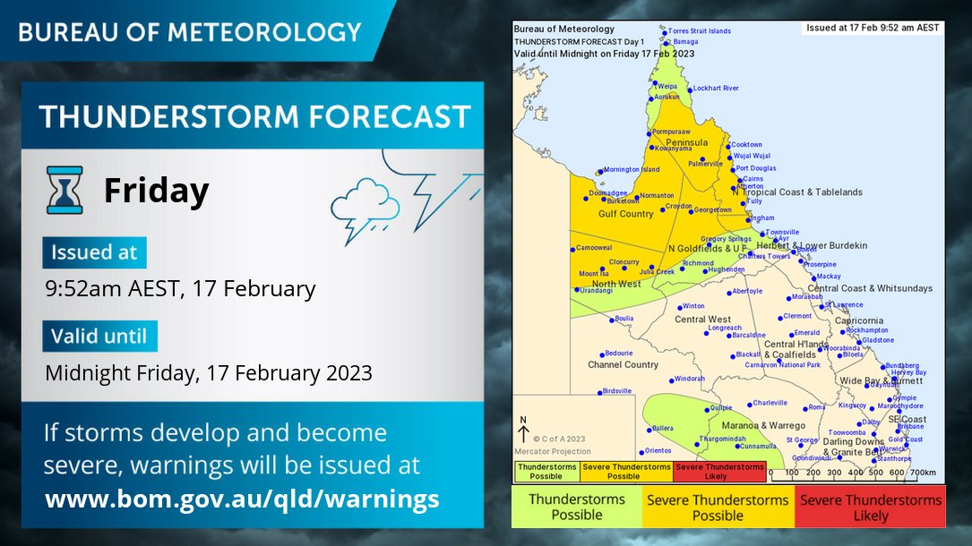 BOM_Qld's tweet photo. Thunderstorm forecast today (17/2): Severe storms possible over much of N QLD incl #GulfCountry #NorthWest #NorthernGoldfields #Peninsula and #NorthTropicalCoast. Heavy rainfall/flash flooding main concern, with added risk of winds in the Gulf. Warnings https://t.co/FBmpsInT9o https://t.co/PKnbwOpBGa