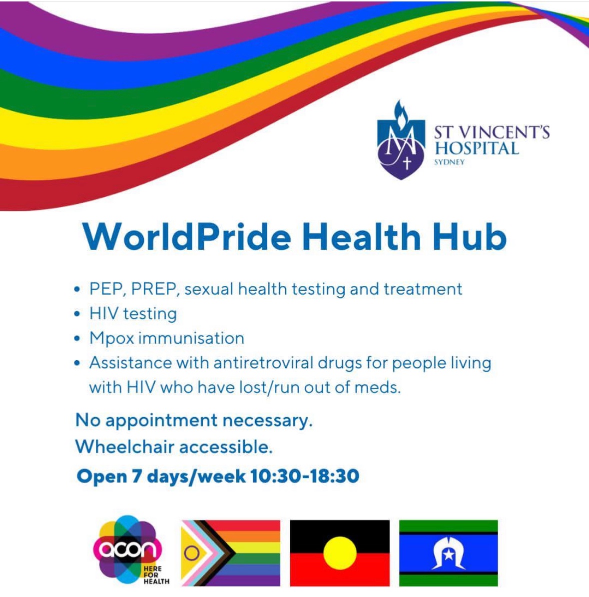 LGBTQIA+ People coming to Sydney for World Pride

We are making sure you can get access to healthcare whenever you need

Checkout <a href="/ACONhealth/">ACON</a> for your closest clinic and please share that the World Pride Health Hub is now open at Sacred Heart Clinic