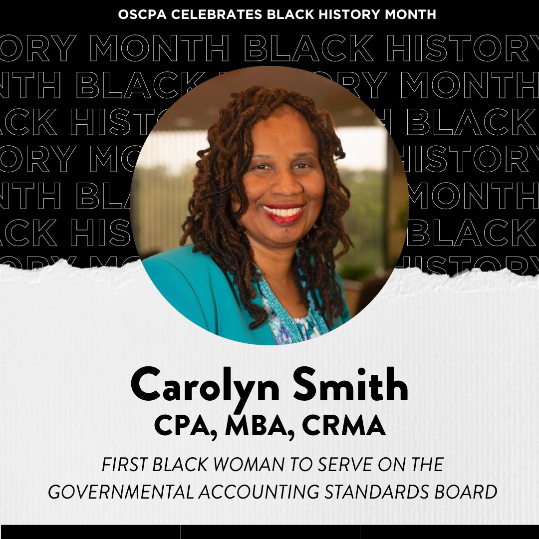 OSCPA's tweet photo. Today for #BlackHistoryMonth, we recognize Carolyn Smith, OSCPA Board member and the first Black woman to serve on the @FAFNorwalk Governmental Accounting Standards Board! Learn more about Smith and her work for @ColsCitySchools: https://t.co/WoLl9mqAkp https://t.co/Boww2jL6AX