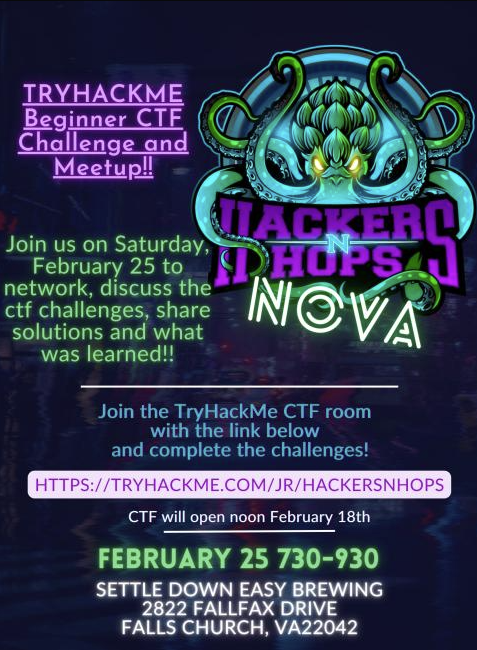 HackersNHops's tweet photo. Colorado Springs @CogstoneBrewpub  18FEB23 at 2pm!
Denver @BlackShirtBrew  25FEB23 at 2pm!
NoVA - Settle Down Easy Brewing 25FEB at 7:30pm!

Come experience a CTF with beginner friendly challenges and make some new friends!

https://t.co/6ZH8qLwhxt https://t.co/2FTzwlQ3ax
