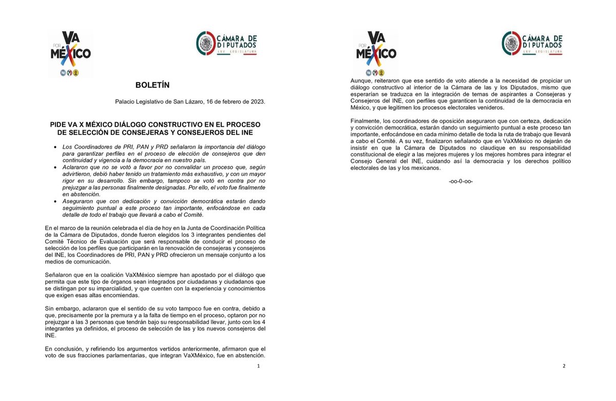 GPPRIDiputados's tweet photo. #Boletín: Pide #VaPorMéxico diálogo constructivo en el proceso de selección de consejeras y consejeros del @INEMexico. https://t.co/1CfPAWI8LN
