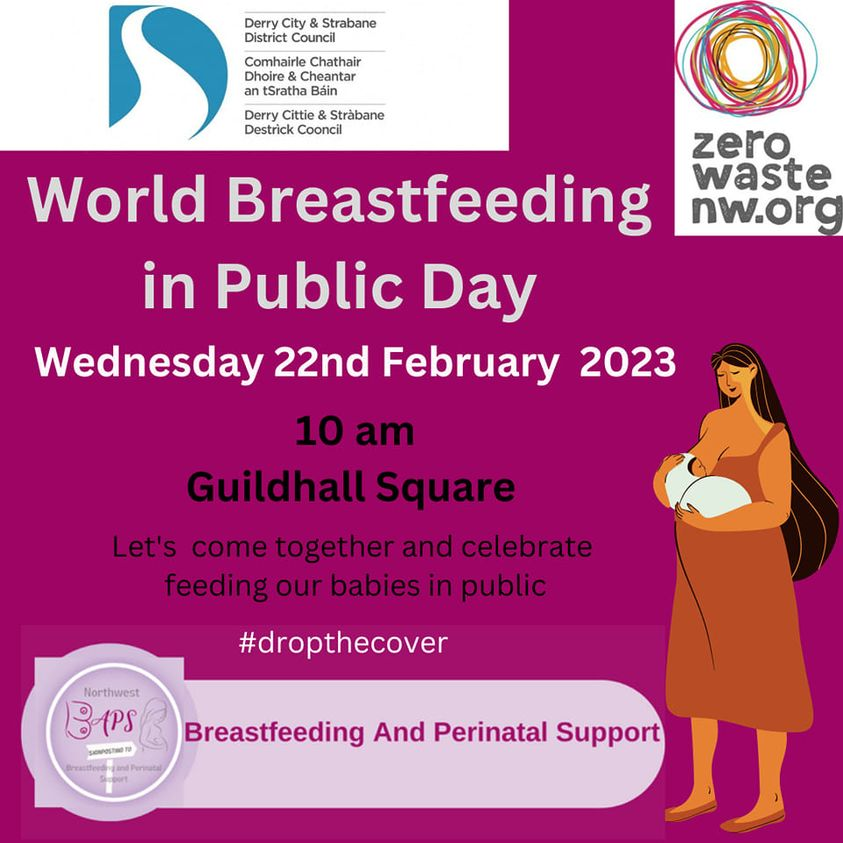 ibreastfeed's tweet photo. Join us for World Breastfeeding in Public Day 2023 at Guildhall Square #Derry #Londonderry #Doire 9.45am Wed 22 Feb to increase visibility & support for #breastfeeding in @dcsdcouncil #DropTheCover @mayordcsdc @ZeroWasteNW @WesternHSCTrust https://t.co/WFSgnxA4UM https://t.co/QcK7i81s5H