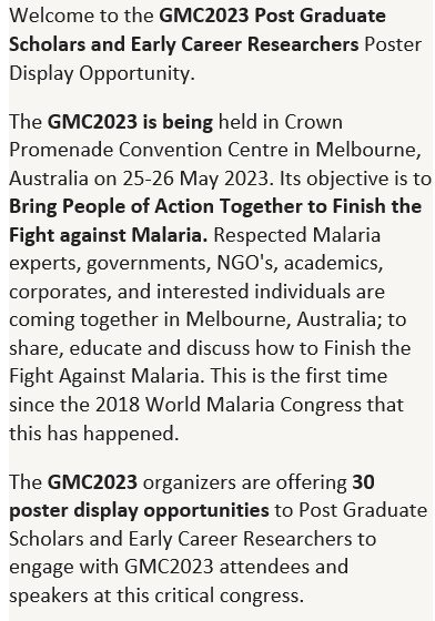 PacMOSSI Consortium (@pacmossi) on Twitter photo Shout out to Post Graduate Scholars and Early Career Researchers studying malaria 🩸🦟 - check out the poster display opportunity for the <a href="/RAMAustralia_/">Rotarians Against Malaria (RAM) Australia</a> Global Malaria Congress
25-26 May in Melbourne 2023
👇
globalmalariacongress2023.org/poster-display… Shout out to Post Graduate Scholars and Early Career Researchers studying malaria 🩸🦟 - check out the poster display opportunity for the <a href="/RAMAustralia_/">Rotarians Against Malaria (RAM) Australia</a> Global Malaria Congress
25-26 May in Melbourne 2023
👇
globalmalariacongress2023.org/poster-display…