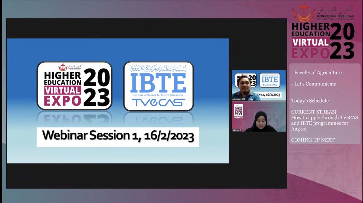 MoEducation_BRN's tweet image. Thursday, 15 February 2023 – Final Day of Higher Education Expo 2023 Webinar sessions conducted by participating exhibitors.

#HEVirtualExpo2023 #HigherEducation #VirtualExpo #2023 #MinistryofEducation #Brunei