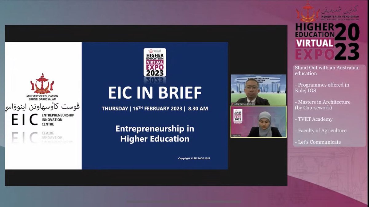 MoEducation_BRN's tweet image. Thursday, 15 February 2023 – Final Day of Higher Education Expo 2023 Webinar sessions conducted by participating exhibitors.

#HEVirtualExpo2023 #HigherEducation #VirtualExpo #2023 #MinistryofEducation #Brunei