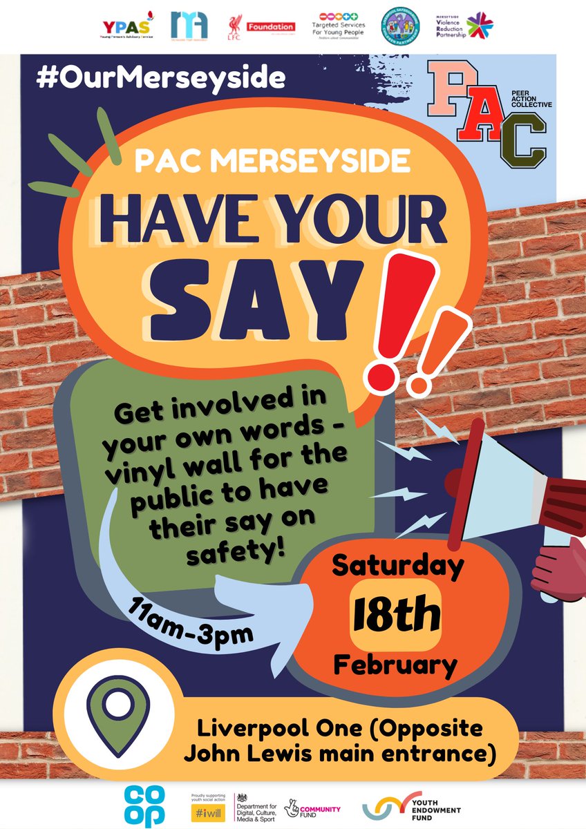 YPASLiverpool's tweet photo. Our PAC peer researchers will be at @Liverpool_ONE this Saturday 18th 11-3pm asking the public to write their thoughts about safety on our community wall
If you’re in town come & have your say 🖊🗣
#PeerActionCollective #PACMerseyside #iwill #BeTheChange #OurMerseyside https://t.co/iHFViqeIVO