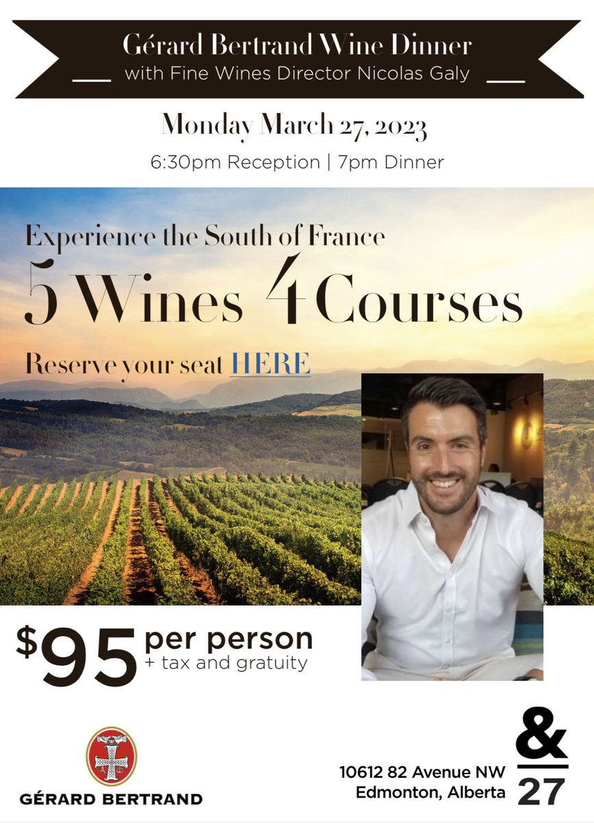 caskandbarrel73's tweet photo. Make sure to join us for the Gerard Bertrand Wine Dinner at Ampersand 27 on Monday March 27th with Brand Ambassador Nicolas Galy. Seating will be limited so start booking your reservations today! @PWS_Canada @GerardBertrandO @ampersand27yeg #yegevents https://t.co/8byrEqhxF8