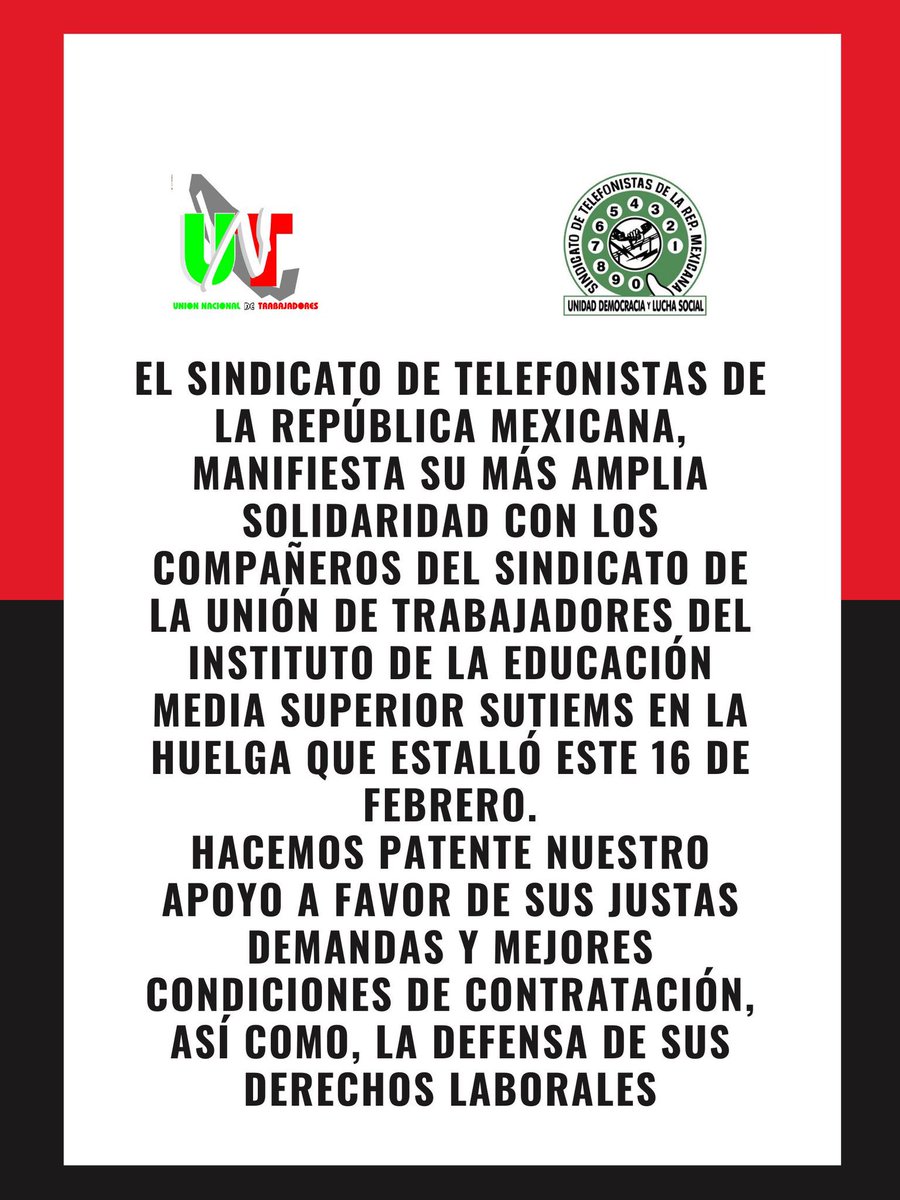 Agradecemos el apoyo solidario del <a href="/TelefonistaSTRM/">Telefonistas</a> con la #Huelga del <a href="/SutiemsOrg/">Sutiems Org</a> que inició este jueves 16 de febrero de 2023, a las 6:00 am, en las 28 Preparatorias del <a href="/GobCDMX/">Gobierno de la Ciudad de México</a> y las Oficinas Centrales del <a href="/IEMS_CDMX/">IEMS CDMX</a> en defensa de nuestro Contrato Colectivo de Trabajo