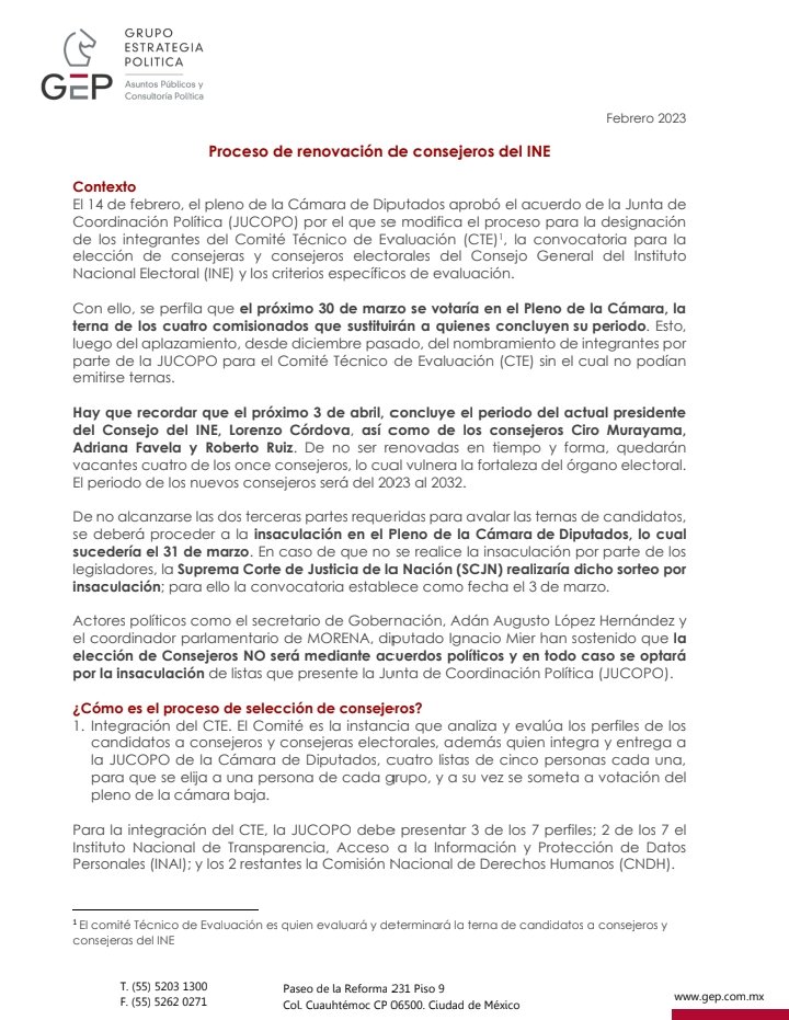 GEP_Consultoria's tweet photo. 🚨Les compartimos una nota informativa sobre el proceso de renovación de consejeros del INE, a propósito de las recién-aprobadas modificaciones en el pleno de @Mx_Diputados. 
Recuperamos brevemente el contexto, el proceso y los posibles escenarios. Consúltala 👇👇 https://t.co/JIuKpin2U9