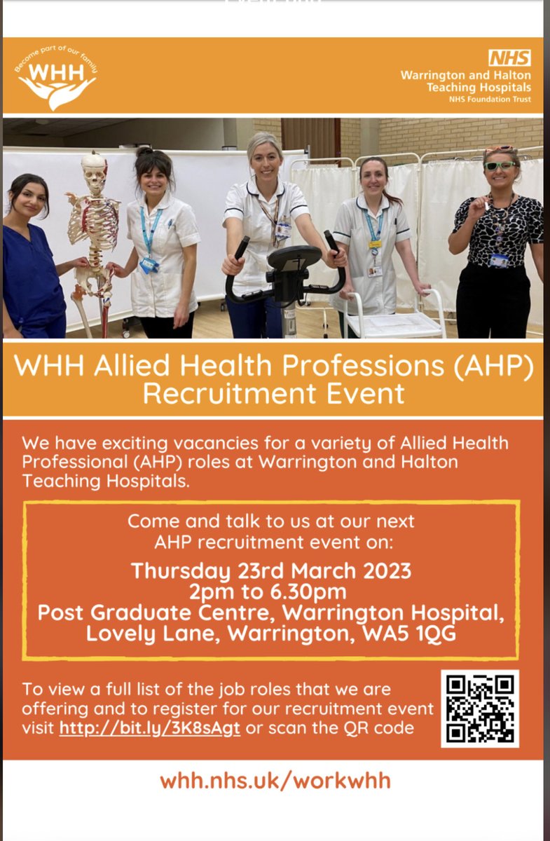 Come and see us at our recruitment event for #OT #Physio #ODP #Sonographers #DiagnosticRadiographers Get interviewed on the day or just have a chat with us. ⁦<a href="/WHHAHPs/">WHH AHPs</a>⁩ are large enough to offer excellent experience and small enough to care ⁦<a href="/WHHNHS/">WHH 🏥</a>⁩ ⁦⭐️⭐️⭐️⭐️⭐️