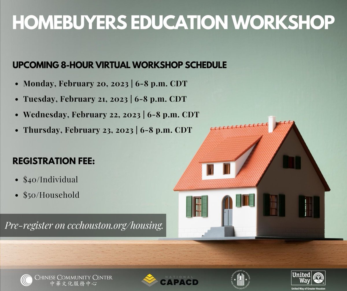 Our next First Time Homebuyer🏡 Education Workshop is next week! To register, please visit ccchouston.org/housing/. 
#househunting #firsttimehomebuying #rentalassistance #CreditScore #houston #workshoponline