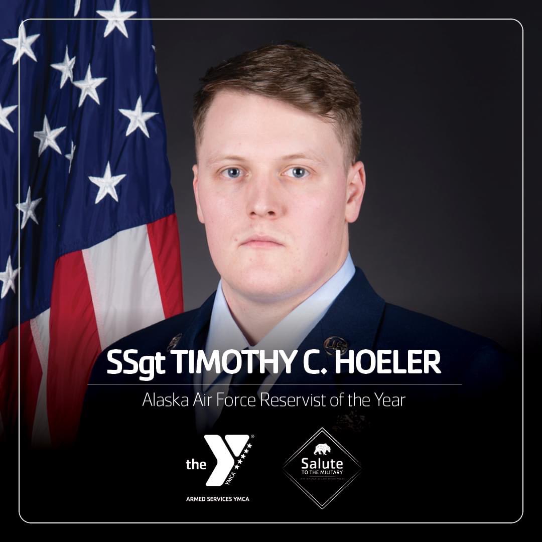 AKASYMCA's tweet photo. Congratulations to Alaska Air Force Reservist of the Year, Staff Sergeant Timothy C. Hoeler! SSgt Hoeler is a Precision Guided Munitions Technician assigned to the 477th Maintenance Squadron at Joint Base Elmendorf-Richardson. He has piloted 20 explosive operations and deployed- https://t.co/8LaqETWVpW