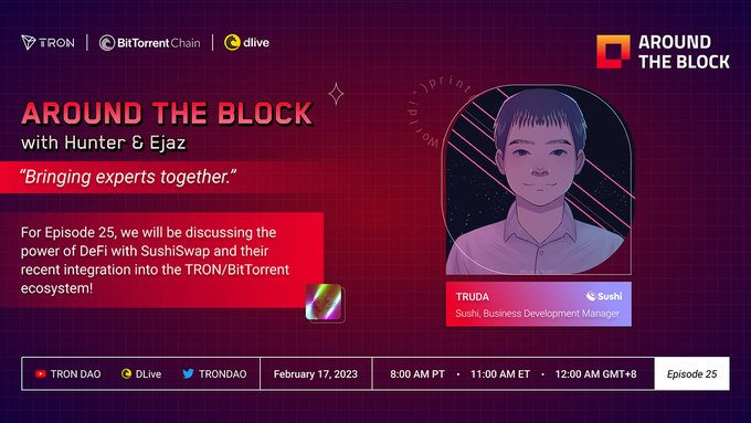 TronDao_VIE's tweet image. Hãy tham gia cùng chúng tôi trong Tập 25 của #AroundTheBlock vào ngày mai, nơi chúng ta sẽ nói chuyện với @SushiSwap để thảo luận về sức mạnh của #DeFi.

🗓️ 17.02
⏰ 8am PST / 11am EST

📺 Twitter Broadcast:


🎥
youtube.com/c/TRONDAOoffic…