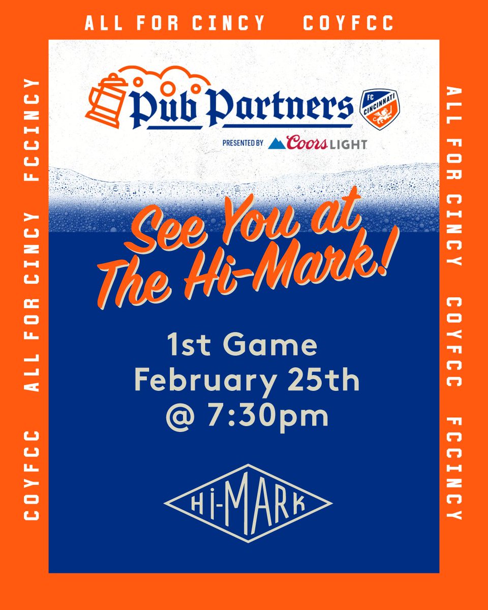We’re excited to announce that we’re an official #pubpartner with <a href="/fccincinnati/">FC Cincinnati</a> for the 2023 season! That means we’ll have all the games, with the sound on. Join us for the lid-lifter February 25th! #seeyouatthehimark #getsomebeersin #allforcincy #fccincy