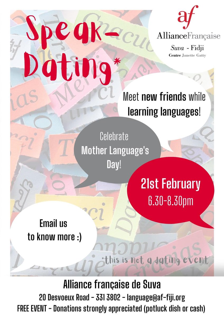 Get yourself ready #Suva 😱 It’s coming! The first ever 🗣#SpeakDating of Suva is happening on Tuesday 21st, 6.30-8.30pm. 15+ languages 🌏 represented. Free event. Come and discover their language and their personality, and bring your friends (and their friends too)!