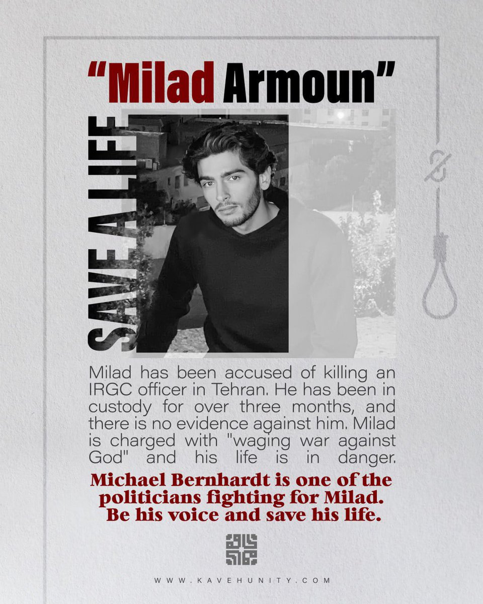 5ogand's tweet photo. #MiladArmoun is charged with "waging war against God" and his life is in danger. @michi_bernhard is one of the politicians fighting for Milad. Be his voice and save his life.
#MahsaAmini https://t.co/LVTAEKYYyN