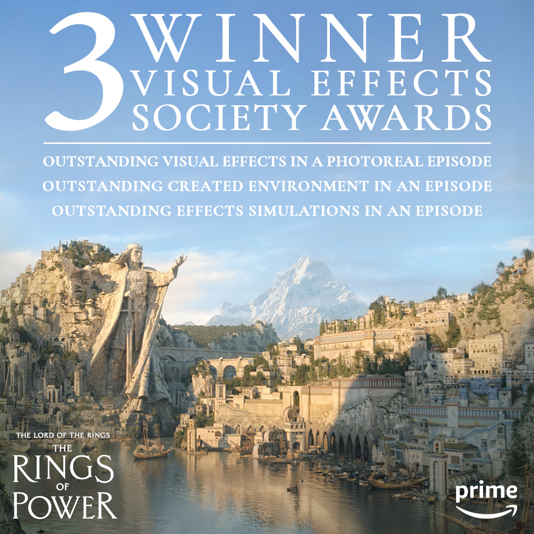 TheRingsofPower's tweet photo. Congratulations to #TheRingsOfPower visual effects team for their 3 wins at the #VESAwards! https://t.co/yk0nr2xk0j