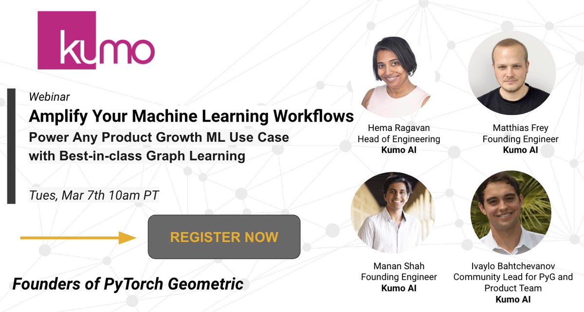 Kumo_ai_team's tweet photo. Interested in embedding #graphlearning? This webinar workshop will ease your journey into operationalized graph learning https://t.co/hpub6DvJdY 

#MachineLearning #MLOps #DeepLearning #GraphNeuralNetwork #PyTorchGeometric https://t.co/9ttKBXNM2c