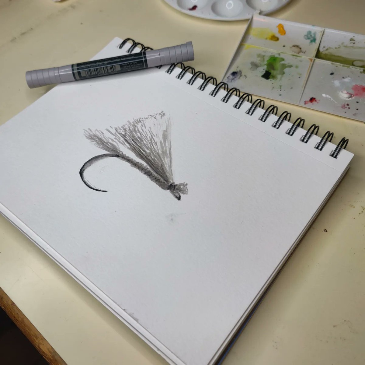 RandRFlyFishing's tweet photo. Afternoon doodle with the watercolor marker. X-Caddis, one of my favorites during caddis hatches. https://t.co/Jn7dLudd43