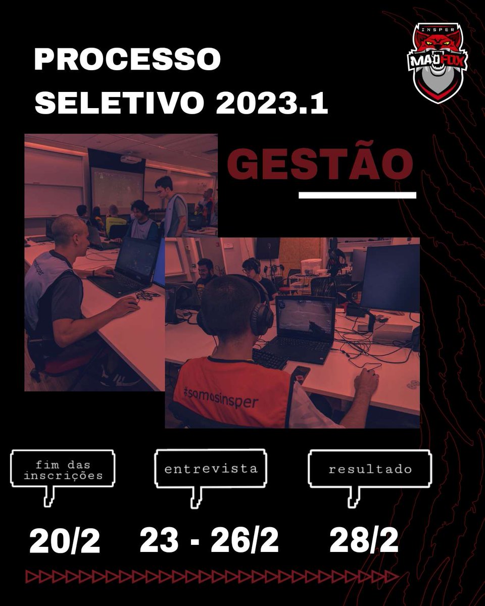 inspermadfox's tweet photo. Fala, galera!!

O processo seletivo para a gestão do Mad Fox já começou! 
As inscrições ficam abertas até dia 20/02  e as entrevistas vão acontecer entre 23 e 26/02 

Fiquem atentos para as datas e havendo qualquer dúvida, só mandar DM.

Link de inscrição:
https://t.co/sMxGf6iMEX https://t.co/sumaJ37uHu