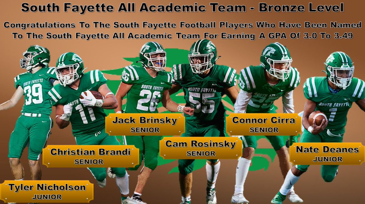 Joe Rossi (@coachjoerossi) on Twitter photo Congrats to the following South Fayette Football players who were named to the <a href="/PaFootballNews/">Pennsylvania Football News</a> All-Academic Team. We are proud of their dedication on the field and more importantly, the classroom.
🦁 🏈 🤓
#AllHeart💚🤍 Congrats to the following South Fayette Football players who were named to the <a href="/PaFootballNews/">Pennsylvania Football News</a> All-Academic Team. We are proud of their dedication on the field and more importantly, the classroom.
🦁 🏈 🤓
#AllHeart💚🤍