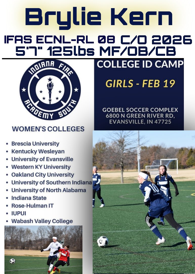 The @INFireJrsSouth ID camp is Sunday. Looking forward to seeing you there! @BresciaWSoc @kwcwomensoccer @UEAthleticsWSOC @IUPUIWSOC @RoseHulmanWSOC @IndStSoccer @WomenOcu @usiwomenssoccer @UNASoccer @WVCWsoccer @WKU_Soccer