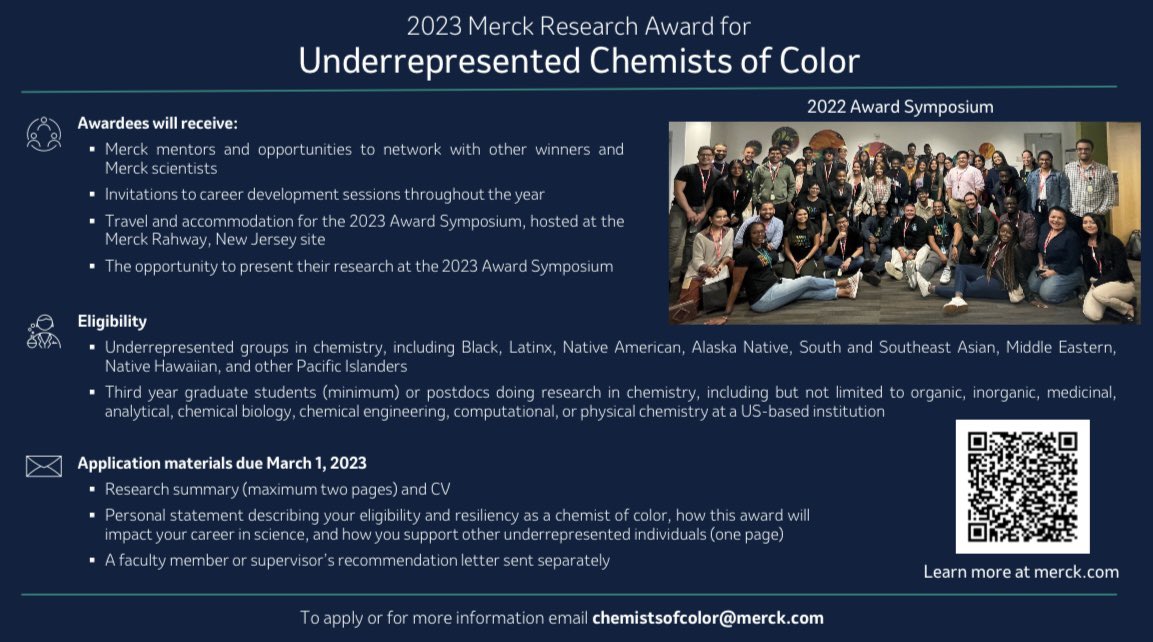 Hi Friends! Applications are due March 1 for Merck’s Underrepresented Chemists of Color Research Award! It’s a great opportunity to network with Merck scientists and present your research. Email chemistsofcolor@merck.com with any questions #ChemTwitter 🧑🏽‍🔬