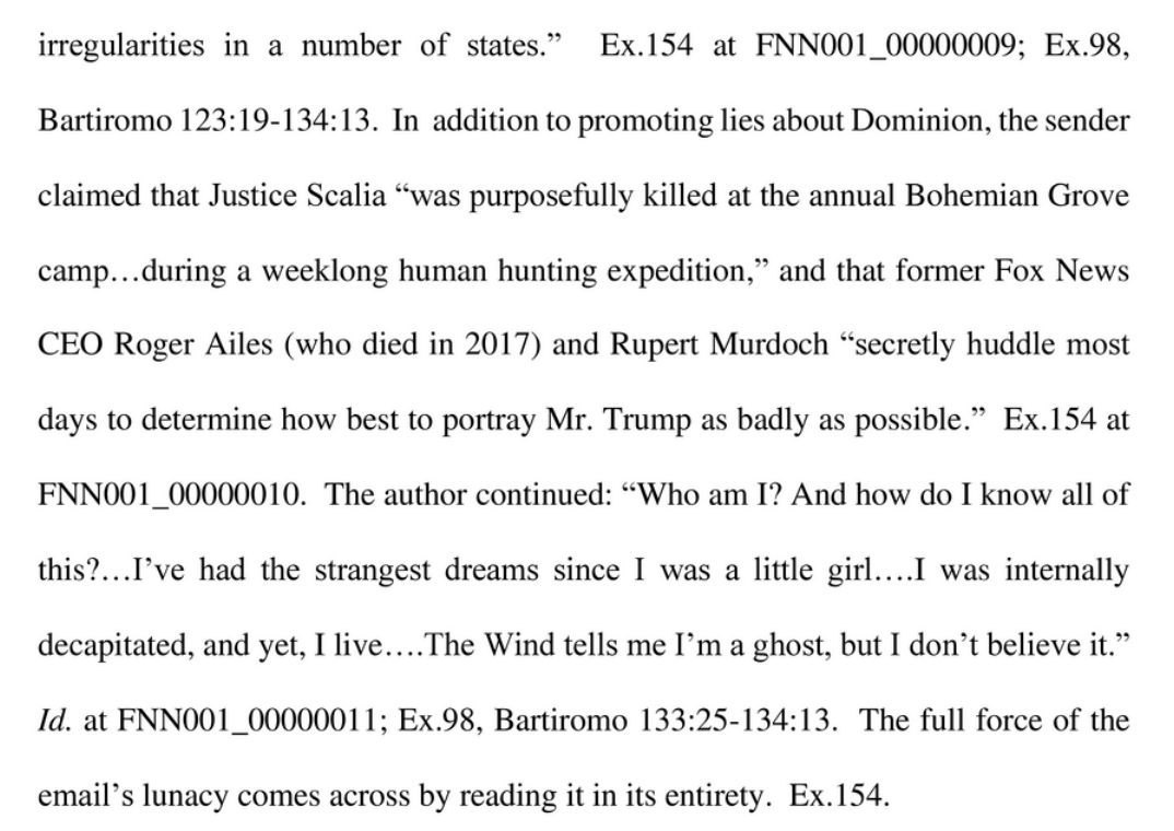 willsommer's tweet image. Fox got into Dominion conspiracy theories in the first place because Sidney Powell got a deranged email from someone who thought she was a ghost, and Antonin Scalia was murdered in a Most Dangerous Game-style "human hunting expedition."