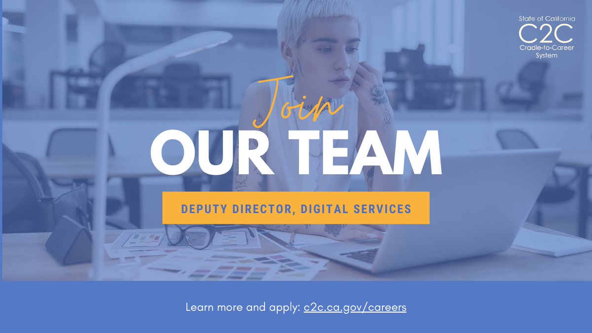 CACradle2Career's tweet photo. Come #WorkforCalifornia! Weβre #hiring for C2C's first Deputy Director, Digital Services. This position will manage the development and scaling up of operational tools that help students plan for postsecondary education and careers.
For more, visit: https://t.co/c9TcfFGtML #W4CA https://t.co/Lvi6nXKC7D