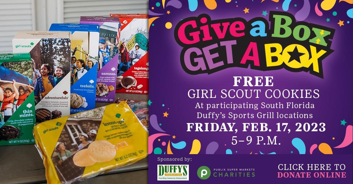 Hey <a href="/CityBocaRaton/">City of Boca Raton</a>! Come out &amp; support our #GirlScout troop 💚 &amp; the 🇺🇸 Military at the same time! Come to <a href="/duffysmvp/">Duffy's Sports Grill</a> 5-9pm for the “Give one, Get one” event. Donate a box of Girl Scout cookies to the military and get a FREE box of cookies! <a href="/GSSEF/">Girl Scouts of Southeast Florida</a> <a href="/ADHUS_FAUHS/">ADHUS & FAU HS</a> @ADHUSelementary